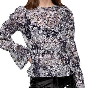 Topshop Blue & White Navy Floral Lace Shirred Sleeve Blouse Size 12